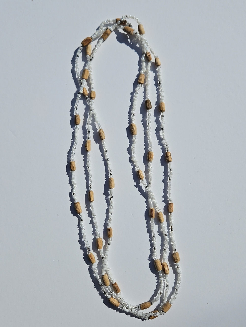 Extra Long White & Wood Beaded Single Strand Necklace